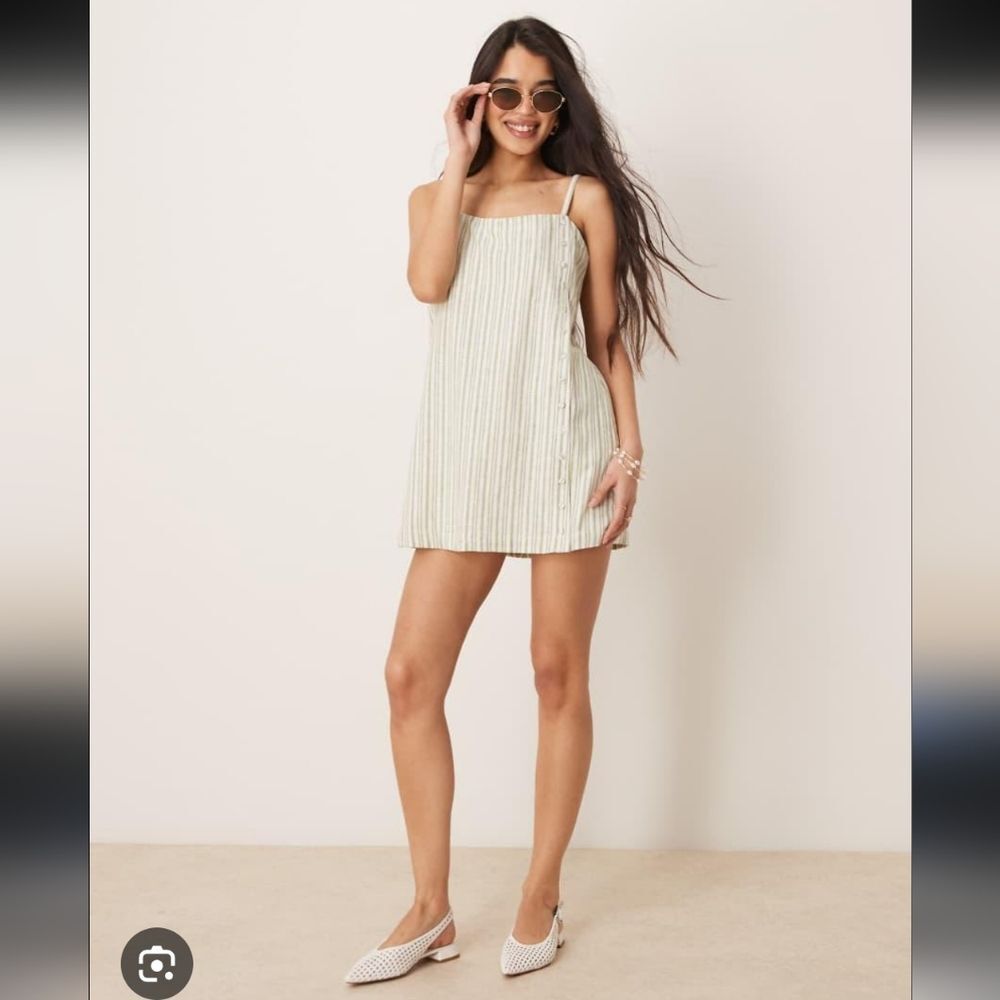 Abercrombie & Fitch Olive Green Striped Linen Romper - Petite